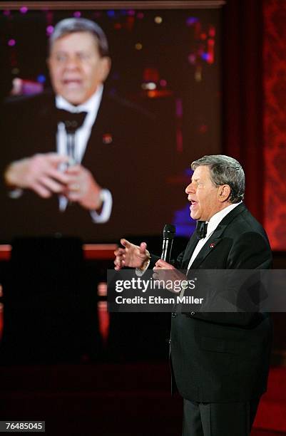 Entertainer Jerry Lewis speaks during the 42nd annual Labor Day Telethon to benefit the Muscular Dystrophy Association at the South Point Hotel &...