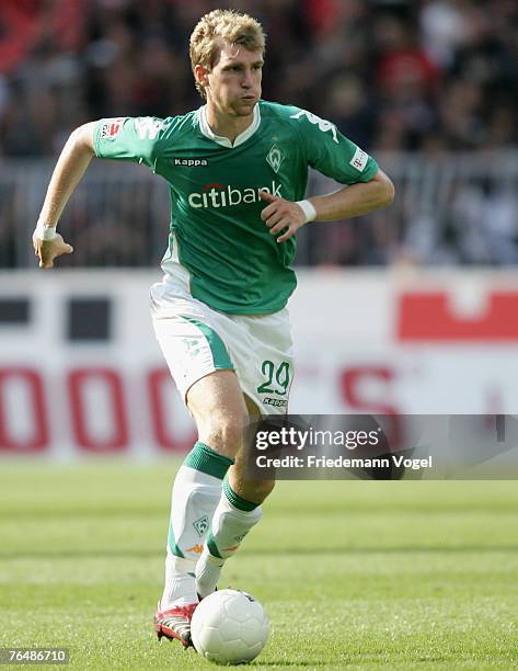 Per Mertesacker of Werder in action during the Bundesliga match between Werder Bremen and Eintracht Frankfurt at the Weser stadium on September 1,...
