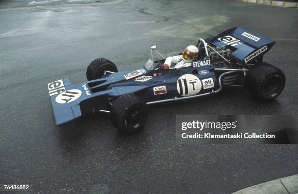 Jackie Stewart, driving the 001 Tyrrell, at the Loew's Hairpin during a wet practice session for the Monaco Grand Prix, Monte Carlo, 23rd May 1971.