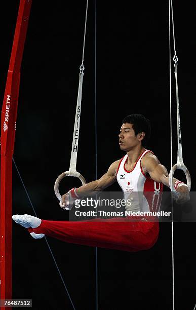 Hisashi Mizutori of Japan performs on the rings during the men's qualifications of the 40th World Artistic Gymnastics Championships on September 03,...