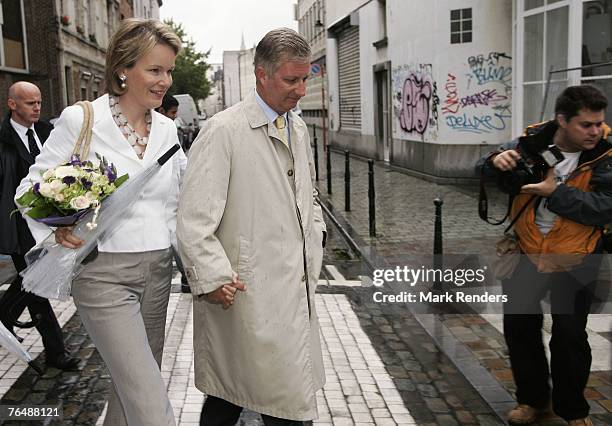 Princess Mathilde and Prince Philippe of Belgium leave Sint Jan Berghmans College after dropping ther children Princess Elisabeth and Prince Gabriel...