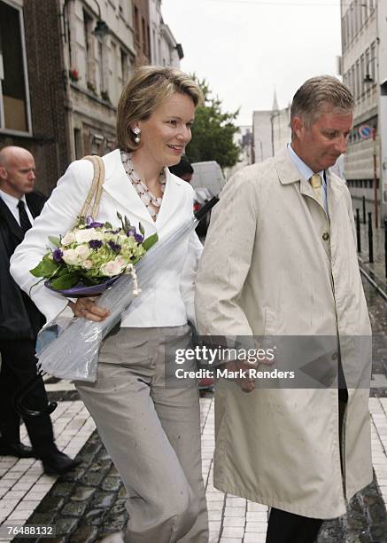 Princess Mathilde and Prince Philippe of Belgium leave Sint Jan Berghmans College after dropping ther children Princess Elisabeth and Prince Gabriel...