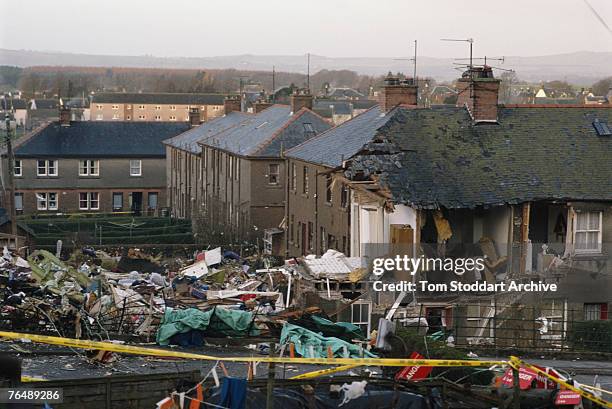 Ruined houses in the town of Lockerbie, after the bombing of Pan Am Flight 103 from London to New York, December 1988.