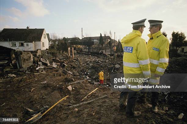 Ruined houses in the town of Lockerbie, after the bombing of Pan Am Flight 103 from London to New York, December 1988.
