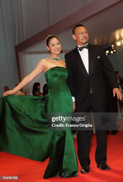 Actress Zhou Yun and director Jiang Wen attend Taiyang Zhaochang Shengqi premiere in Venice during day 6 of the 64th Venice Film Festival on...