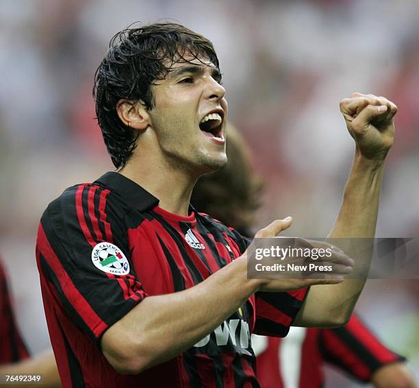 Kaka of AC Milan celebrates after scoring the first goal from the penalty spot during a Serie A match between AC Milan and Fiorentina at the Stadio...