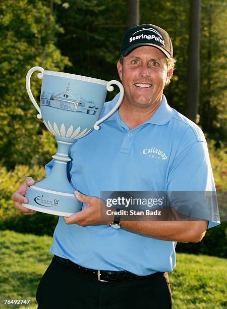 Phil Mickelson was presented the winners trophy after the fourth round of the Deutsche Bank Championship, the second event of the new PGA TOUR...