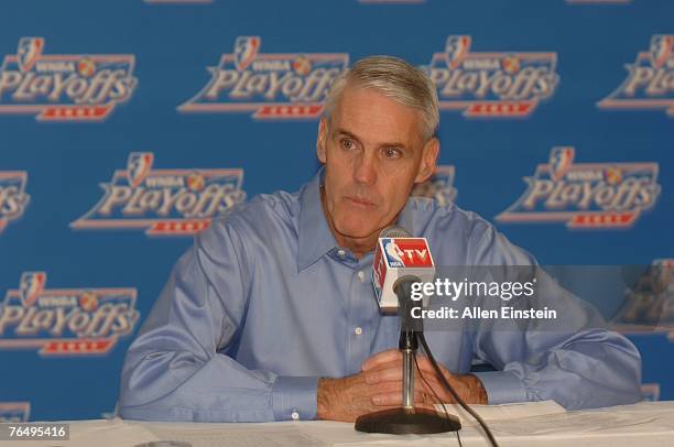 Head Coach Brian Winters of the Indiana Fever talks during a post game press conference after losing Game Three of the Eastern Conference Finals to...