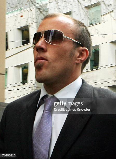 St Kilda AFL player Fraser Gehrig leaves court after appearing on assault charges at the Melbourne Magistrates Court September 4, 2007 in Melbourne,...