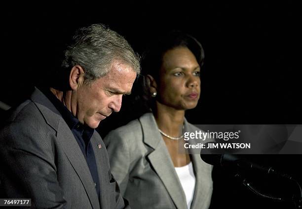 President George W. Bush makes a statement to the press with US Secretary of Defense Robert Gates and US Secretary of State Condoleezza Rice after...