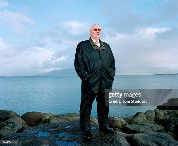 Mikhail Gorbachev on the coast near the Hofdi House in Reykjavik, during a return visit to Iceland in October 2006. Twenty years earlier in October...