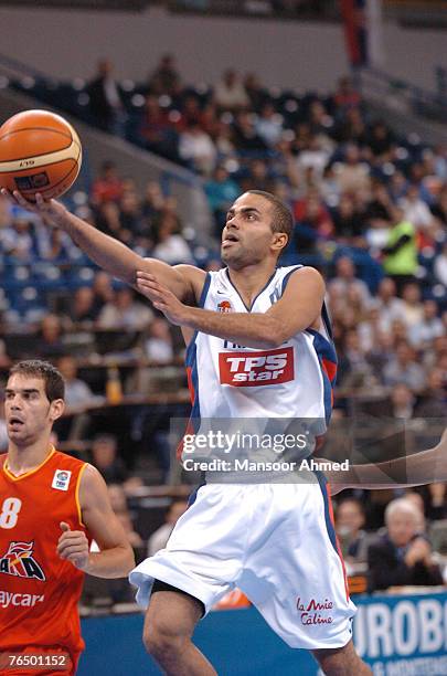 Tony Parker of France extends himself for the basket during the Bronze medal match of the European Basketball Championships at the Belgrade Arena,...