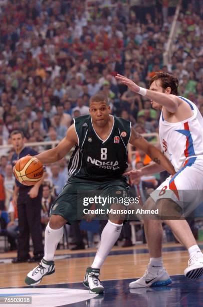 Mike Batiste of Panathinaikos in the paint battles with Matjaz Smodis of CSKA Moscow during the Euroleague Final Four Championship game on May 6,...