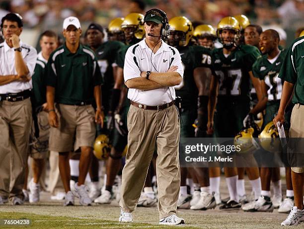 Head Coach Jim Leavitt of the South Florida Bulls patrols the sideline during the third quarter against the Elon Phoenix on September 1, 2007 at...