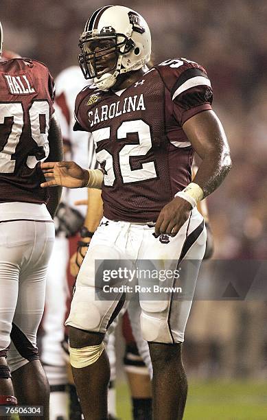 Jasper Brinkley of the South Carolina Gamecocks yells to his teammates during the third quarter against the Louisiana-Lafayette Rajin' Cajuns at...