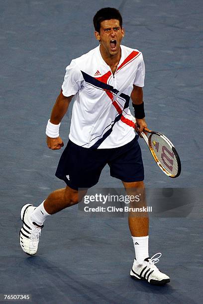 Novak Djokovic of Serbia ceebrates after defeating Juan Monaco of Argentina during day nine of the 2007 U.S. Open at the Billie Jean King National...