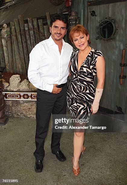 Actor Carlos Camacho and actress Alicia Plaza pose backstage after filming scenes from the first episode of the Telemundo soap opera "Pecados Ajenos"...