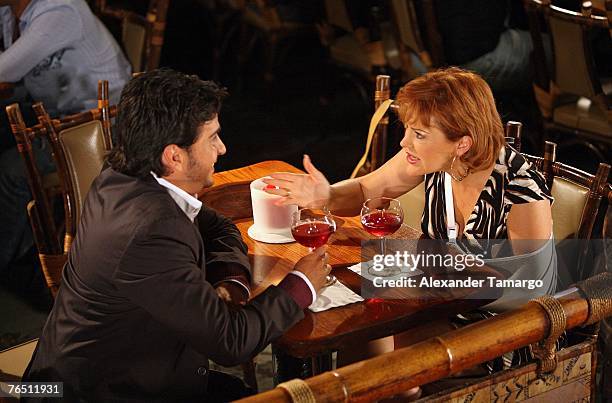 Actress Alicia Plaza and actor Carlos Camacho prepare to film scenes from the first episode of the Telemundo soap opera "Pecados Ajenos" on September...