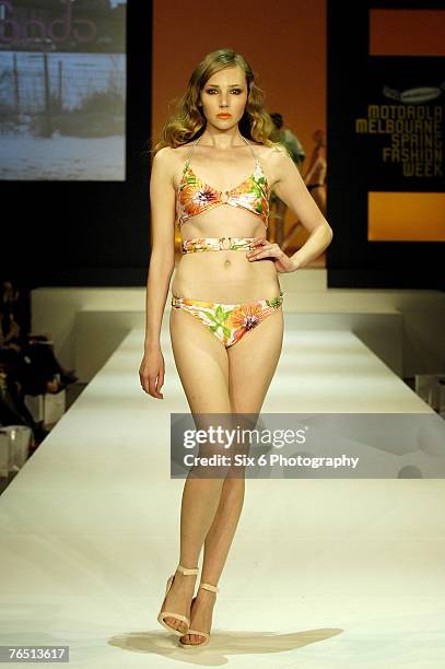 Model showcases designs on the catwalk at the Hot in the City evening parade, featuring designs by Bettina Liano, Clemente Talarico, Flamingo Sands,...