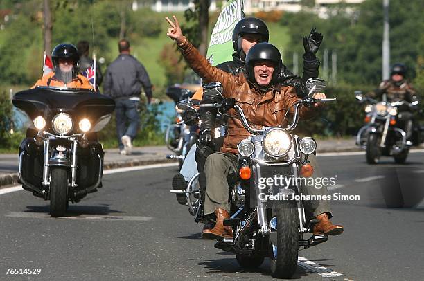 German actor Wolfgang Fierek and his Austrian colleague Ulrich Reinthaller arrive with Rolling Thunder riders for the shooting of the TV series "Der...