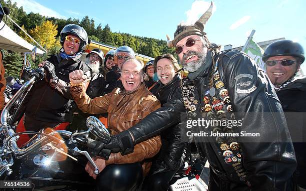 German actor Wolfgang Fierek and his Austrian colleague Ulrich Reinthaller pose with Rolling Thunder riders during the shooting for the TV series...