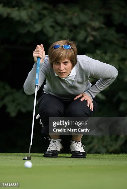 Joanne Pritchard lines up her putt on the 1st hole during Round Two on the second day RCW2010 Welsh National PGA Championship at Cardiff Golf Club on...