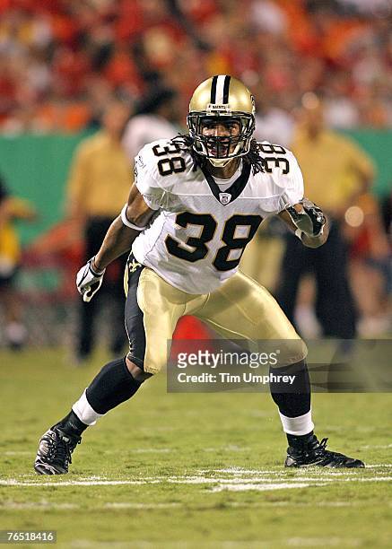 Cornerback Usama Young of the New Orleans Saints defends against the Kansas CIty Chiefs at Arrowhead Stadium on August 23, 2007 in Kansas City,...