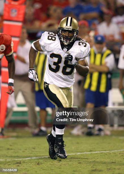 Cornerback Usama Young of the New Orleans Saints defends against the Kansas CIty Chiefs at Arrowhead Stadium on August 23, 2007 in Kansas City,...