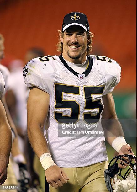 Linebacker Scott Fujita of the New Orleans Saints walks off the field after a game against the Kansas CIty Chiefs at Arrowhead Stadium on August 23,...