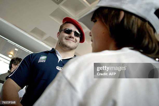 Scotland rugby union national team's Euan Murray is seen upon his arrival with teammates at Saint-Etienne airport, eastern France, 05 September 2007....