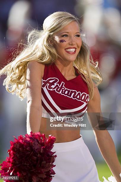 Arkansas Razorback cheerleader performs during a game against the Troy Trojans at Donald W. Reynolds Stadium on September 1, 2007 in Fayetteville,...