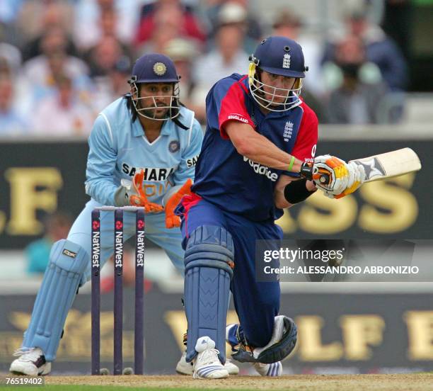 England cricketer Kevin Pietersen reverse sweeps the ball as he bats against India during the sixth One Day International match at the Brit Oval...