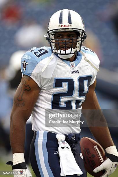 Chris Brown of the Tennessee Titans during warmups against the Green Bay Packers during a preseason game on August 30, 2007 at LP Field in Nashville,...