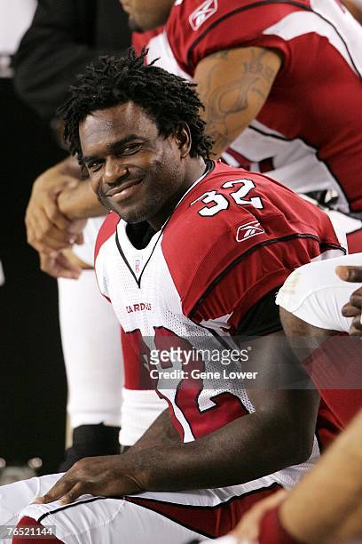 Arizona Cardinals running back Edgerrin James smiles on the sidelines during a game against the Denver Broncos at Invesco Field at Mile High, Denver...