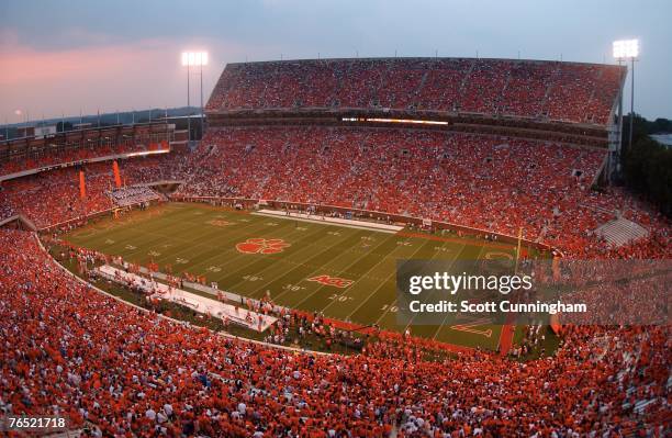 General view as the Clemson Tigers field is cleared before the game against the Florida State Seminoles at Clemson Memorial Stadium on September 3,...