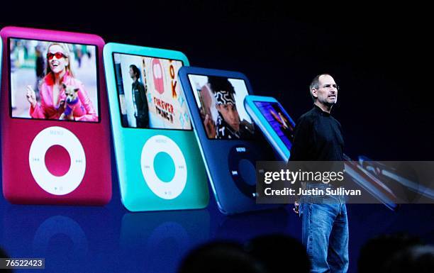 Apple CEO Steve Jobs talks about the iPod Nano during an Apple Special event September 5, 2007 in San Francisco, California. Jobs announced a new...