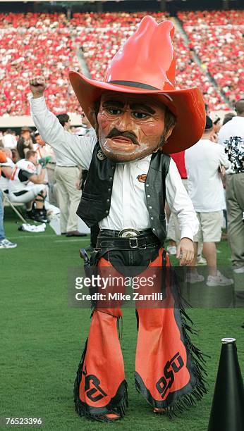 Pistol Pete, the Oklahoma State Cowboys mascot, tries to pump up the Oklahoma State fans during the game against the Georgia Bulldogs on September 1,...