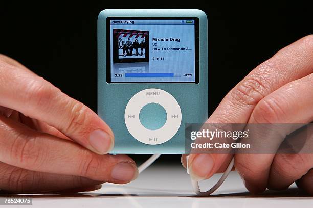The new Ipod Nano is held at the UK launch of the product at the BBC on September 5, 2007 in London, England. Steve Jobs spoke to the press at the...