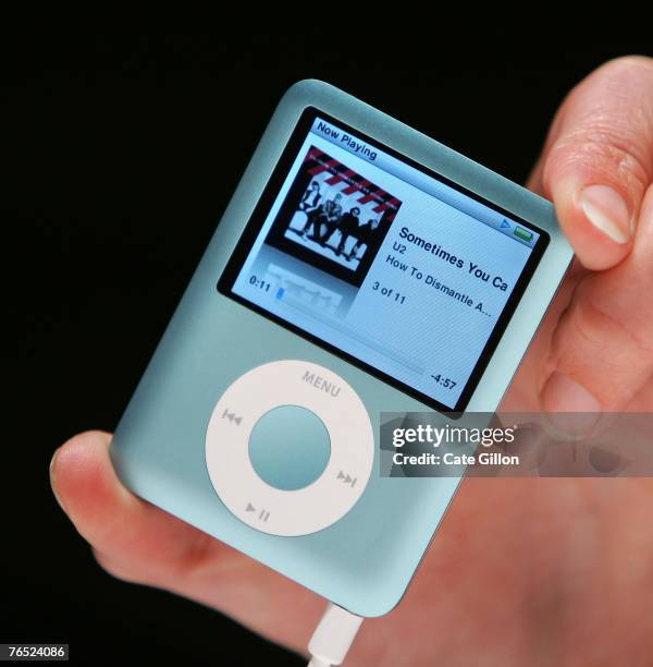 The new Ipod Nano is held at the UK launch of the product at the BBC on September 4, 2007 in London, England. Steve Jobs spoke to the press at the...