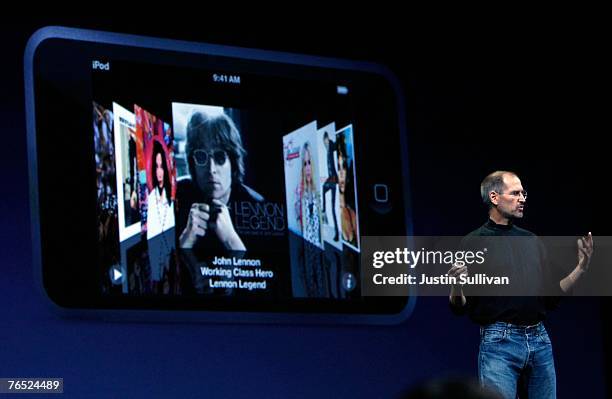 Apple CEO Steve Jobs introduces the new iPod Touch during an Apple Special event September 5, 2007 in San Francisco, California. Jobs announced a new...