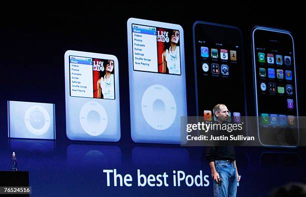 Apple CEO Steve Jobs speaks in front of a display of the new iPod products during an Apple Special event September 5, 2007 in San Francisco,...