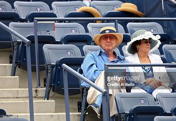 Gene Wilder and his wife Karen Boyer watch as Shahar Peer of Israel takes on Anna Chakvetadze of Russia during day ten of the 2007 U.S. Open at the...