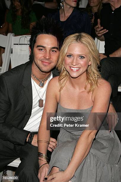 Musician Michael Johnson and actress Brittany Snow attend Erin Fetherston Spring 2008 Fashion Show at The Promenade in Bryant Park during the...