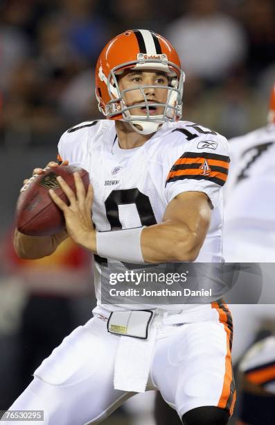 Quarterback Brady Quinn of the Cleveland Browns looks to pass the ball during the game against the Chicago Bears on August 30, 2007 at Soldier Field...