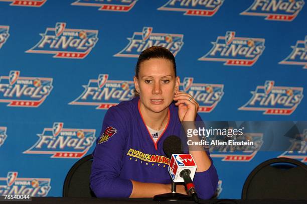 Penny Taylor of the Phoenix Mercury talks at a post game press conference after losing to the Detroit Shock in Game One of the 2007 WNBA Finals on...