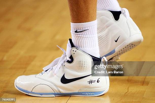 The shoes of Dirk Nowitzki of Germany are seen during the FIBA EuroBasket 2007 Group C match between Germany and Turkey at the Palma Arena on...