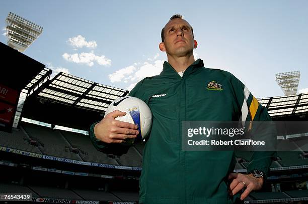 Mark Schwarzer of the Socceroos poses for a portrait after a press conference at the Melbourne Cricket Ground September 7, 2007 in Melbourne,...