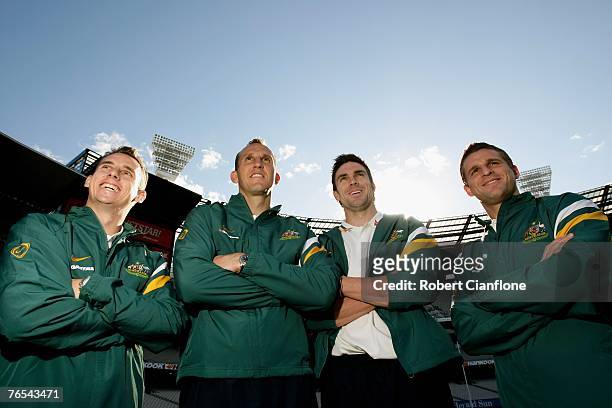 Luke Wiltshire,Mark Schwarzer, Michael Beauchamp and Jason Culina of the Socceroos pose for a portrait after a press conference at the Melbourne...