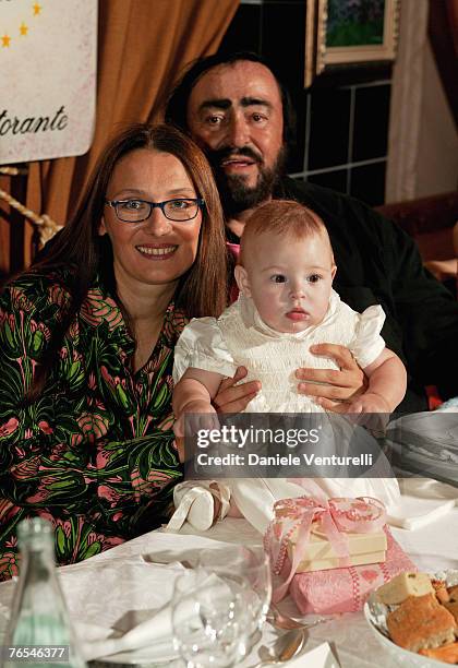 The picture taken in August 30, 2003 in Modena, Italy, shows opera singer Luciano Pavarotti with his wife Nicoletta Mantovani and their daughter...