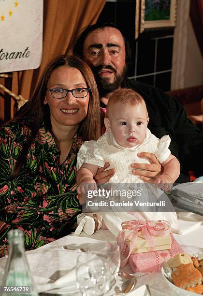 The picture taken in October 30, 2003 in Modena, Italy, shows opera singer Luciano Pavarotti with his wife Nicoletta Mantovani and their daughter...